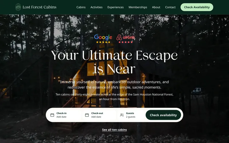 Home page of the Lost Forest Cabins website: a lit cabin at dusk behind the headline and a date picker